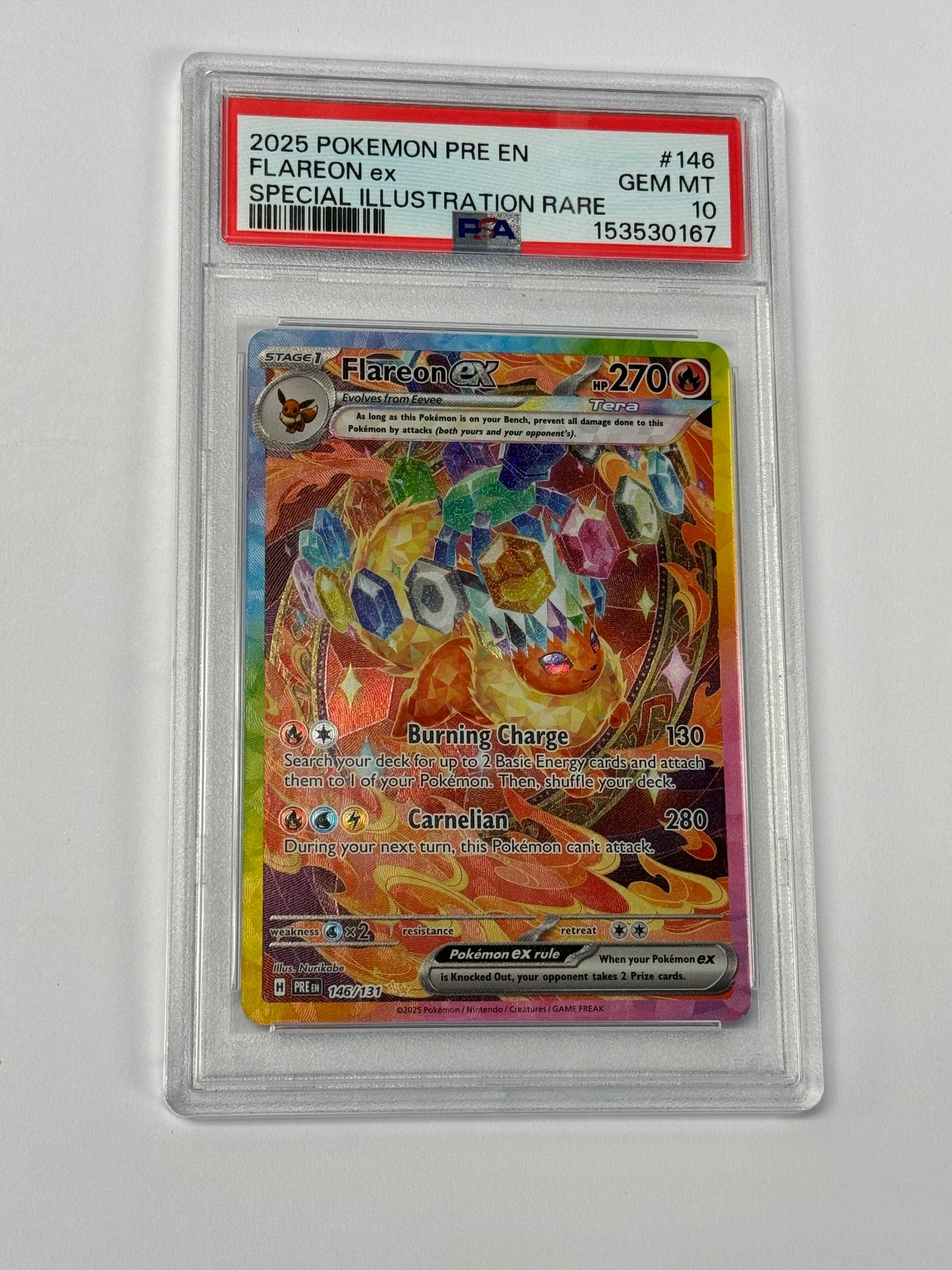 2025 PRISMATIC EVOLUTIONS FLAREON EX #146 PSA 10 PK986. SLAB