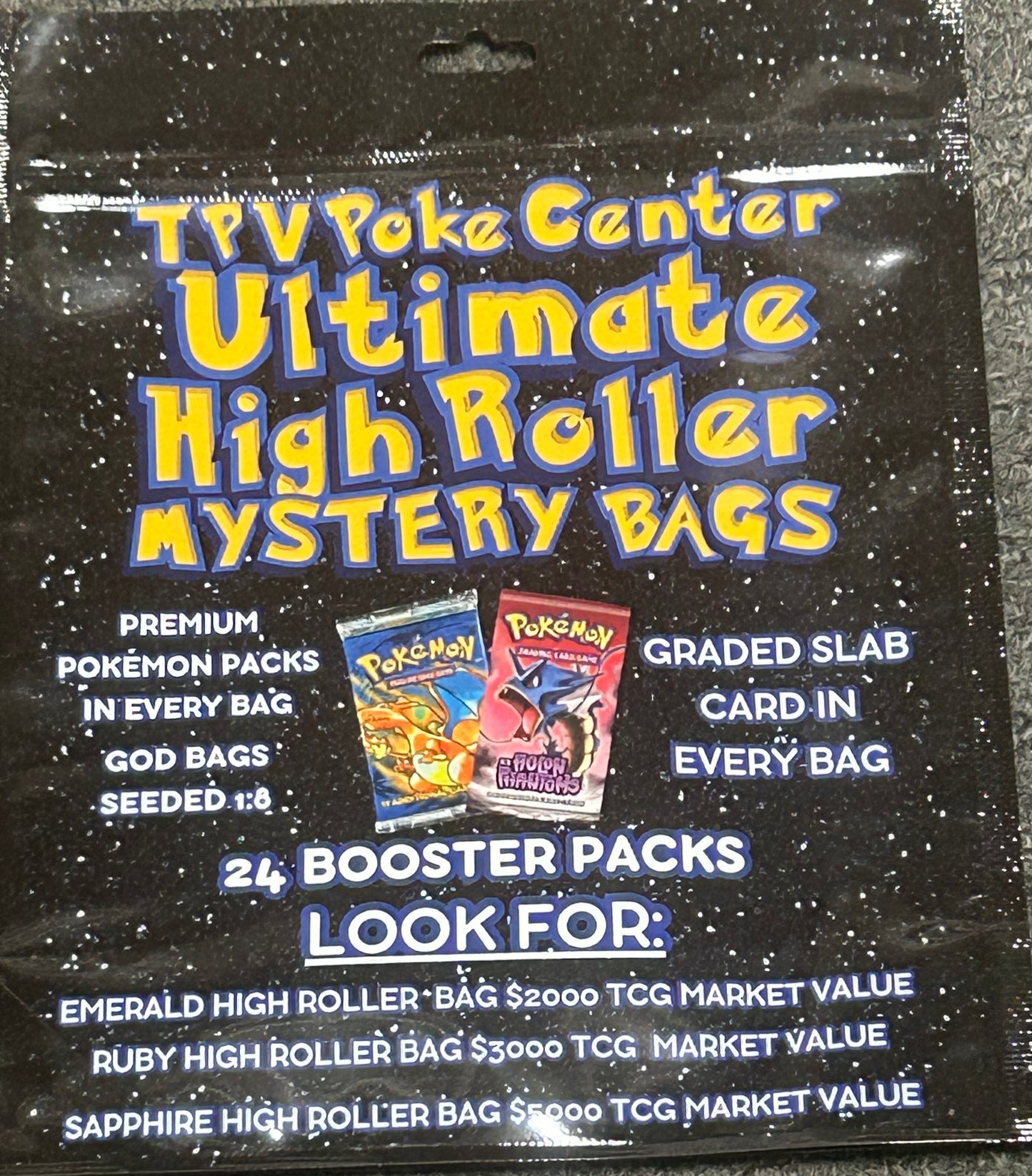 TPV POKE CENTER ULTIMATE HIGH ROLLER MYSTERY BAG CASE (8 BAGS) . 24 PACKS PER BAG PACKS.  1 SLAB  TOP CHASE 5K
