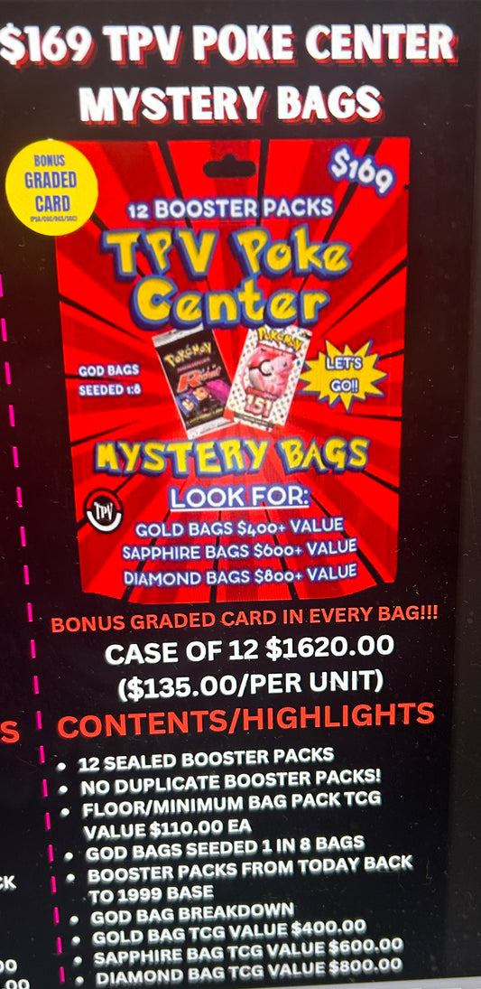 $169 TPV POKE CENTER BULK MYSTERY BAG CASE. (12 BAGS) 12 PACKS/PER BAG + PSA SLAB.
