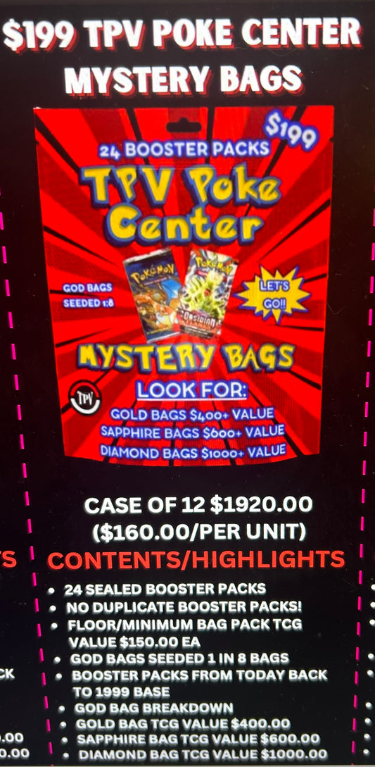 $199 TPV POKE CENTER BULK MYSTERY BAG CASE. (12 BAGS) 24 PACKS/PER BAG *ALLOW 10 BUSINESS DAYS FOR SHIPPING*.