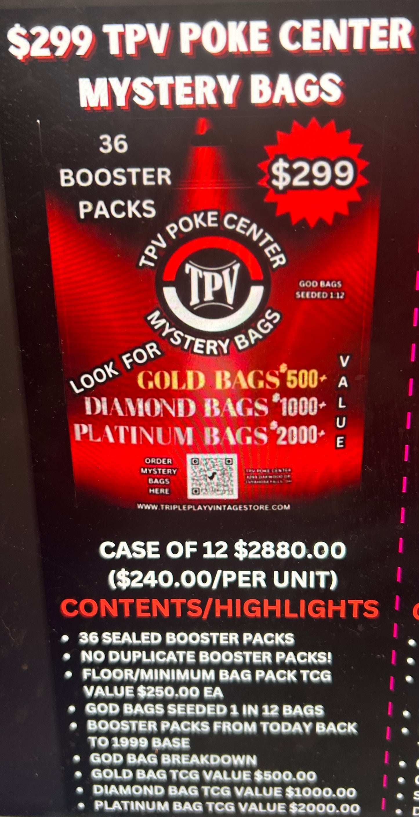 $299 TPV POKE CENTER BULK MYSTERY BAG CASE. (12 BAGS) 36 PACKS/PER BAG *ALLOW 10 BUSINESS DAY FOR SHIPPING*.
