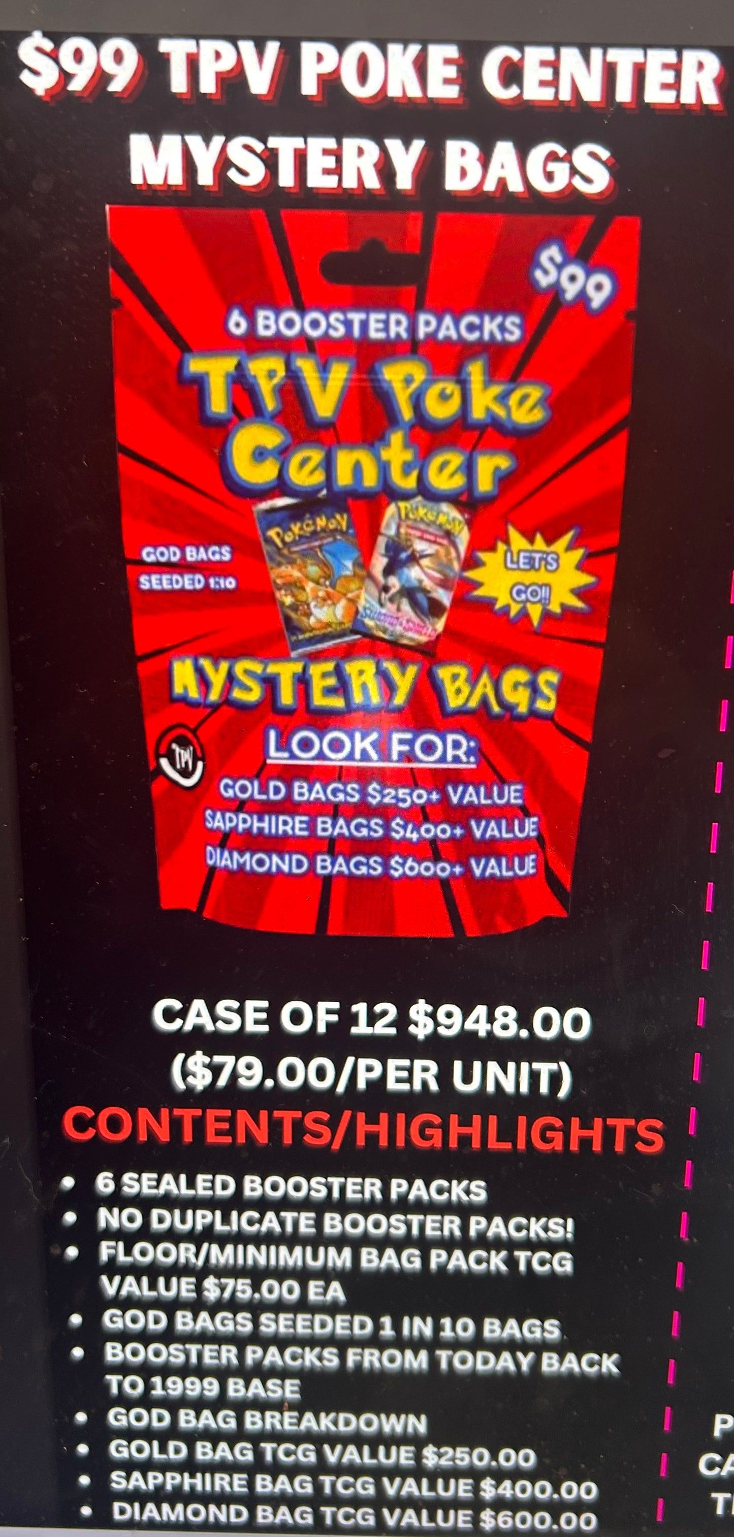 $99 TPV POKE CENTER BULK MYSTERY BAG CASE. (12 BAGS) 6 PREMIUM PACKS/PER BAG