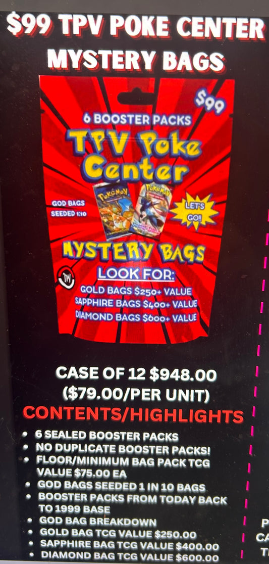 $99 TPV POKE CENTER BULK MYSTERY BAG CASE. (12 BAGS) 6 PREMIUM PACKS/PER BAG