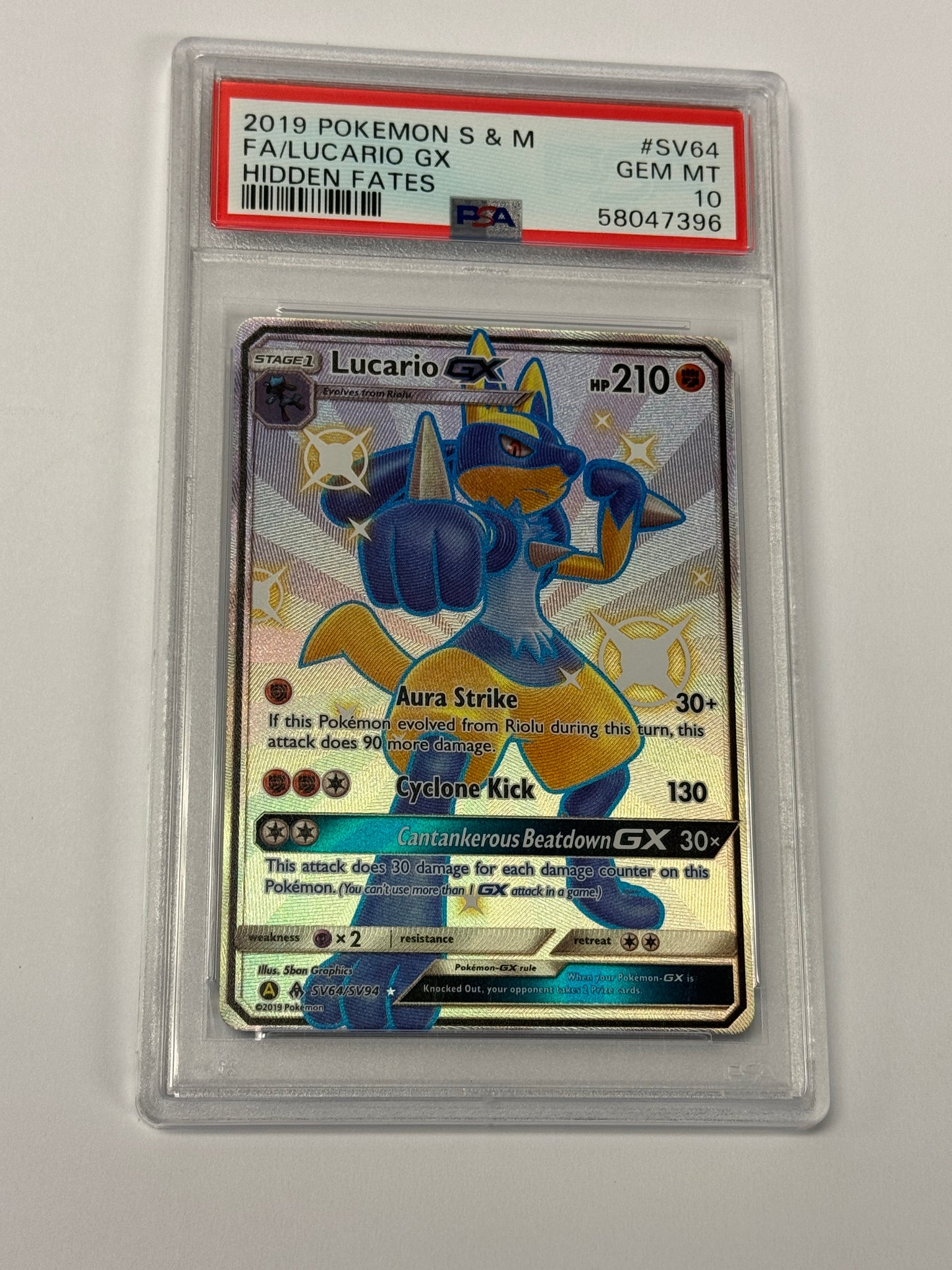 2019 HIDDEN FATES LUCARIO GX #SV64  PSA 10  PK987.  SLAB