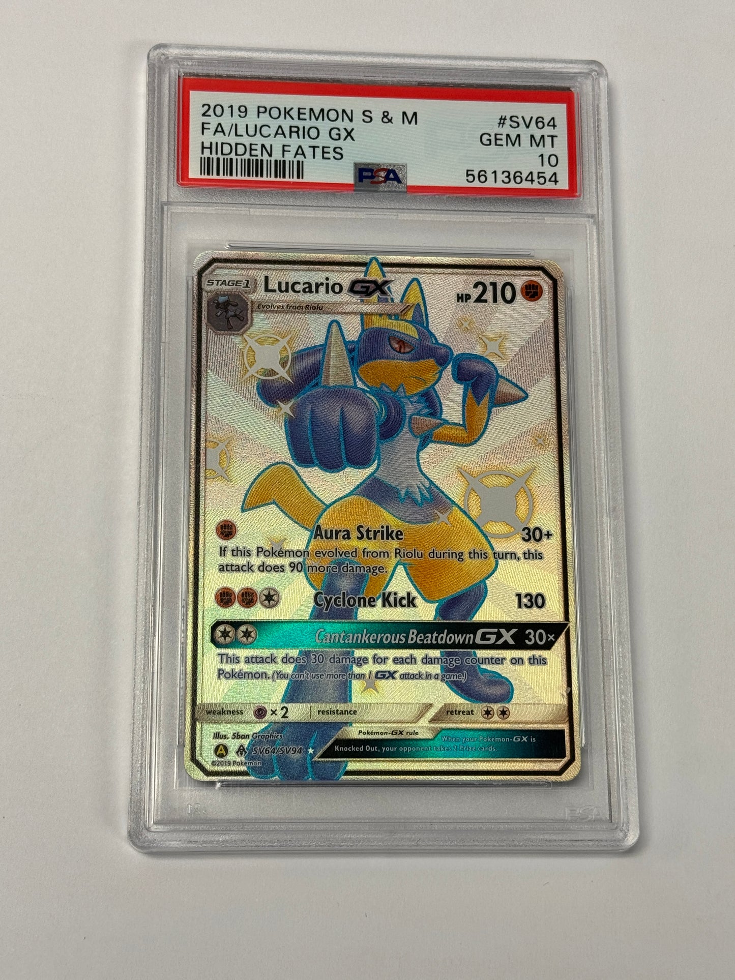 2019 HIDDEN FATES LUCARIO GX #SV64  PSA 10  PK988. SLAB
